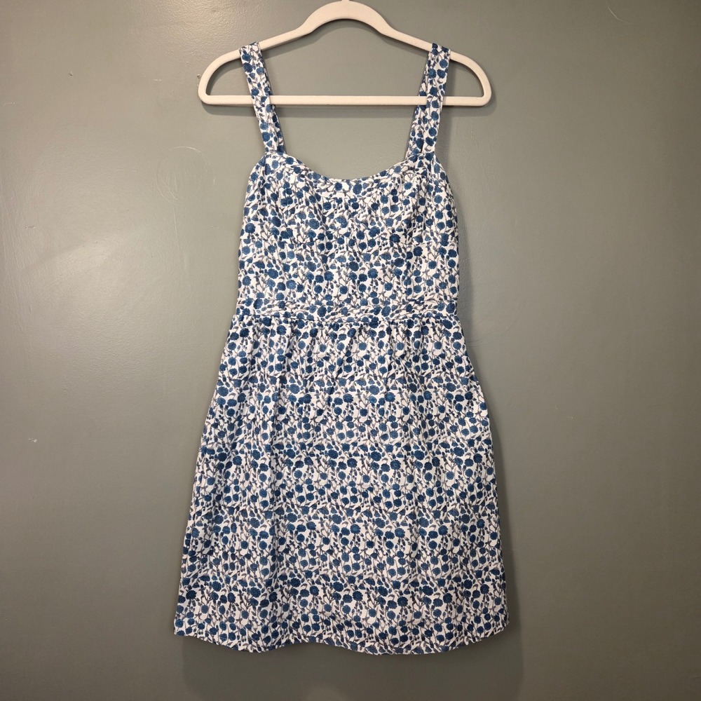 Loft Women's‎ Fit & Flare Mini Dress Size 6 100% Cotton Floral Print White Blue